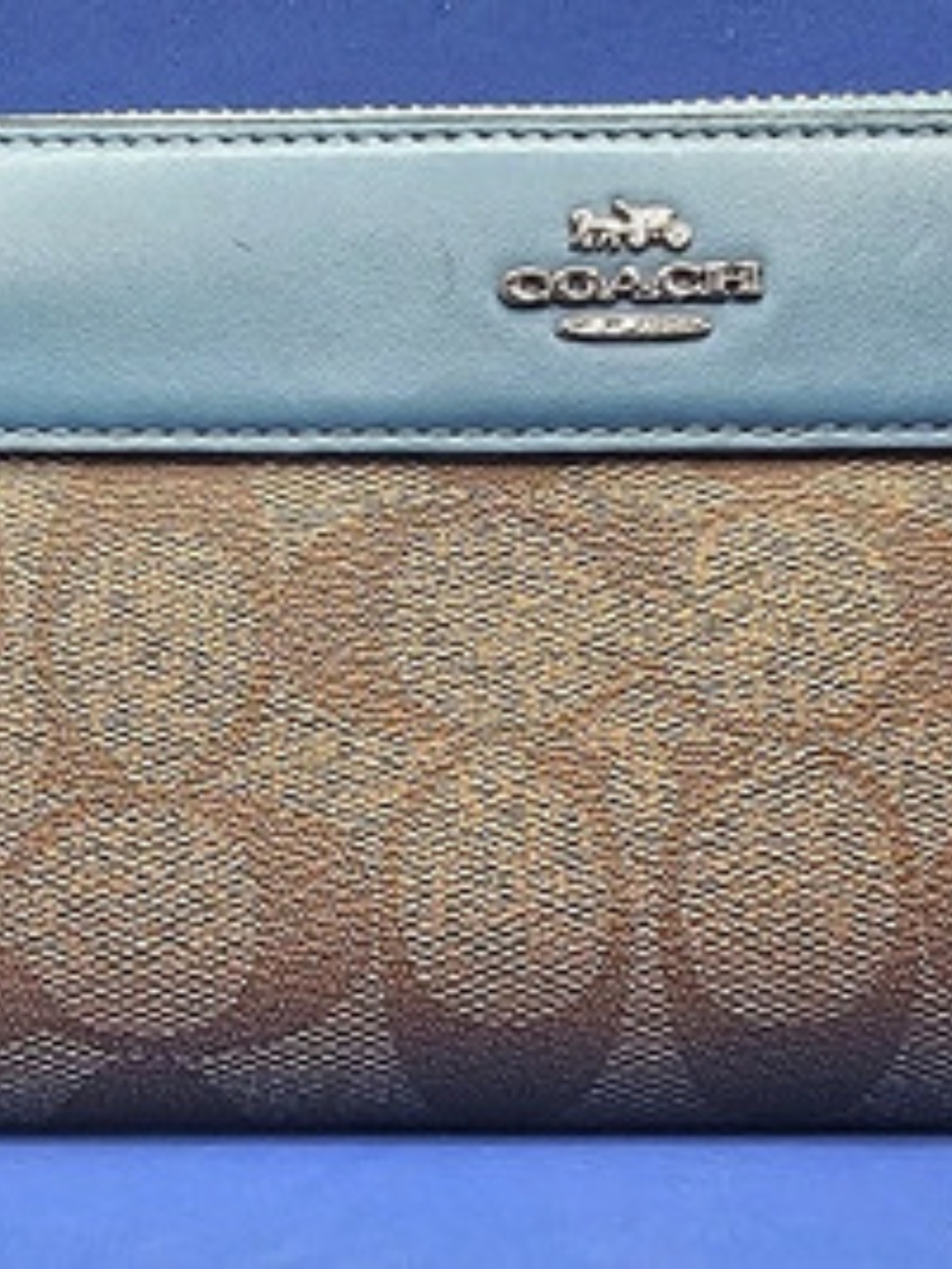 Coach F76873 Accordion Zip Wallet Signature Canvas Khaki Aqua Blue Leather